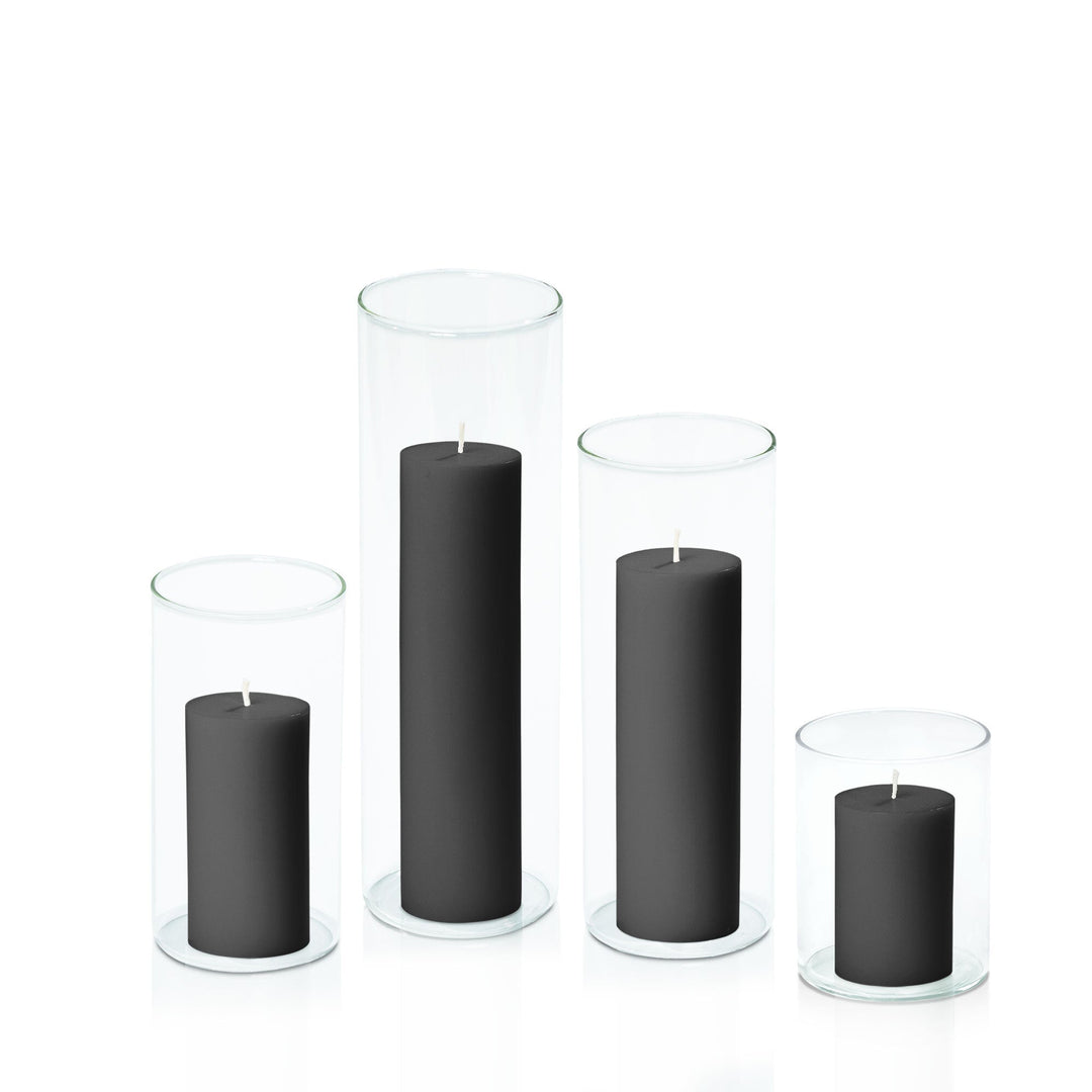 Black 5cm Pillar in 8cm Glass, Sm - Set of 6