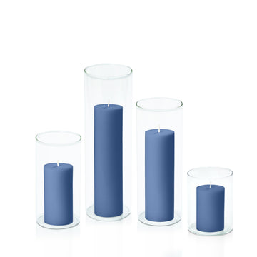 Dusty Blue 5cm Pillar in 8cm Glass, Sm - Set of 6