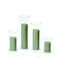 Green 5cm Pillar in 8cm Glass Set - Sm