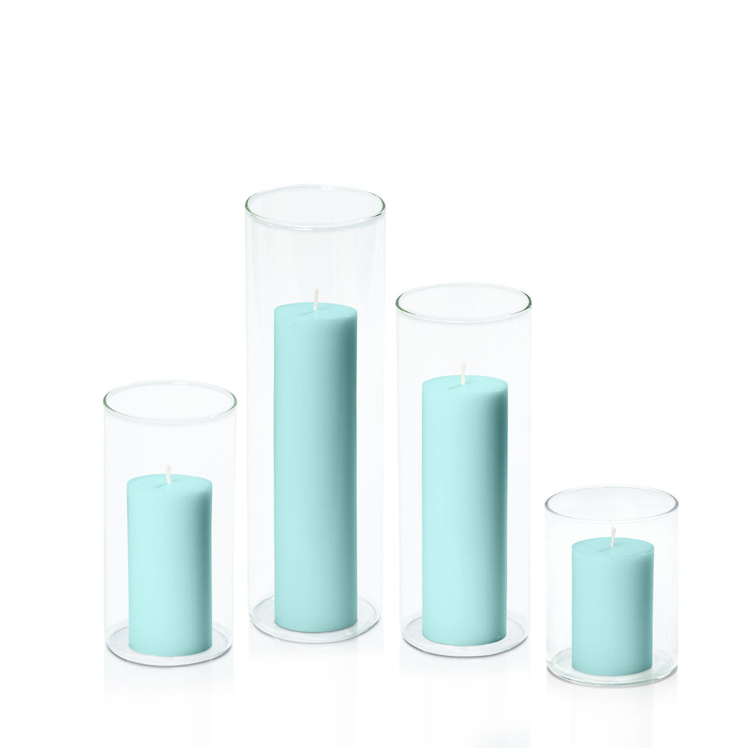 Pastel Teal 5cm Pillar in 8cm Glass, Sm - Set of 6