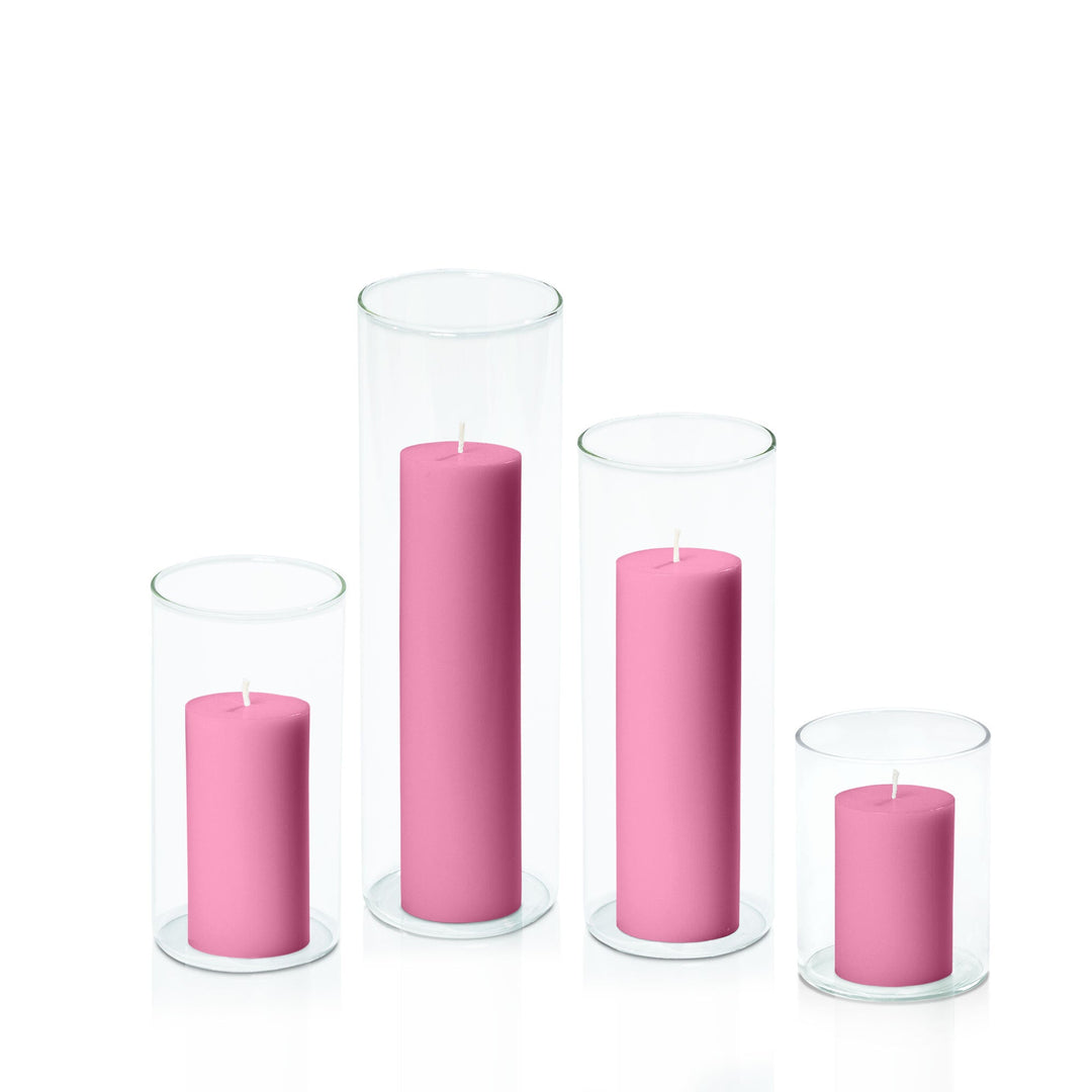 Rose Pink 5cm Pillar in 8cm Glass, Sm - Set of 6
