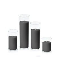 Black 7cm Pillar in 8cm Glass Set - Sm
