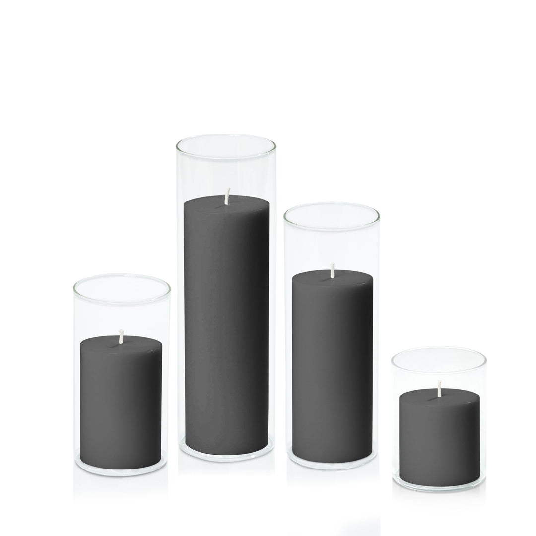 Black 7cm Pillar in 8cm Glass, Sm - Set of 6