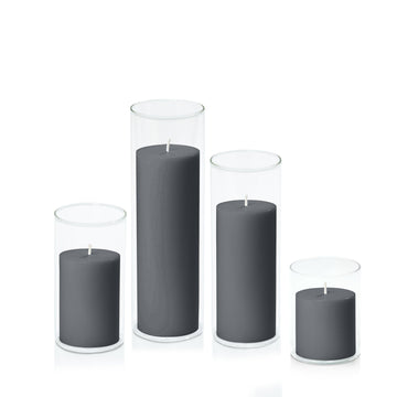 Charcoal 7cm Pillar in 8cm Glass, Sm - Set of 6
