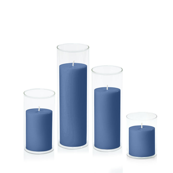 Dusty Blue 7cm Pillar in 8cm Glass, Sm - Set of 6