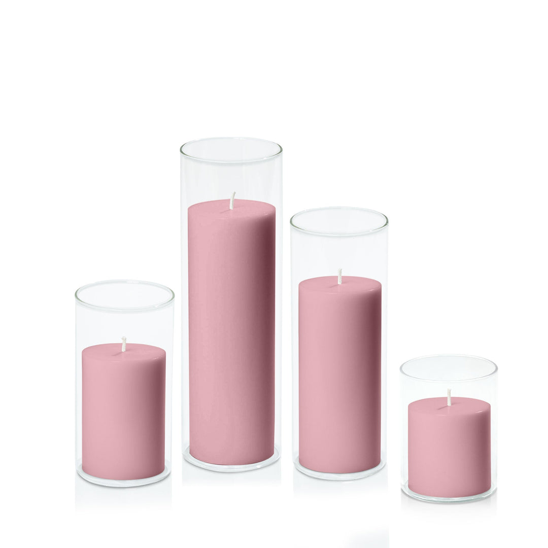 Dusty Pink 7cm Pillar in 8cm Glass, Sm - Set of 6