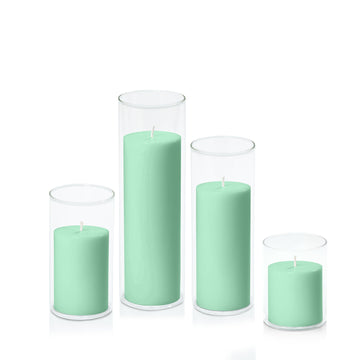 Mint Green 7cm Pillar in 8cm Glass, Sm - Set of 6
