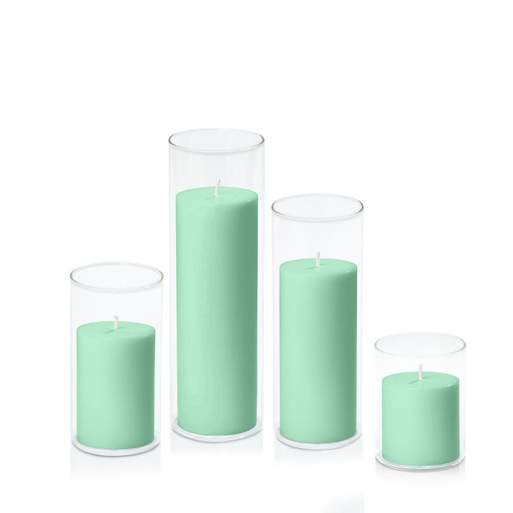Mint Green 7cm Pillar in 8cm Glass, Sm - Set of 6