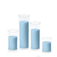 Pastel Blue 7cm Pillar in 8cm Glass Set - Sm