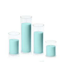 Pastel Teal 7cm Pillar in 8cm Glass Set - Sm