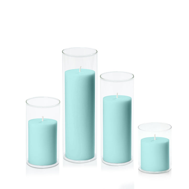 Pastel Teal 7cm Pillar in 8cm Glass, Sm - Set of 6
