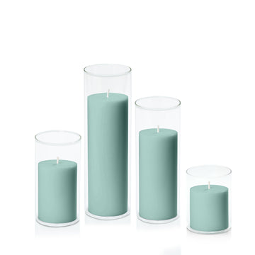 Sage Green 7cm Pillar in 8cm Glass, Sm - Set of 6