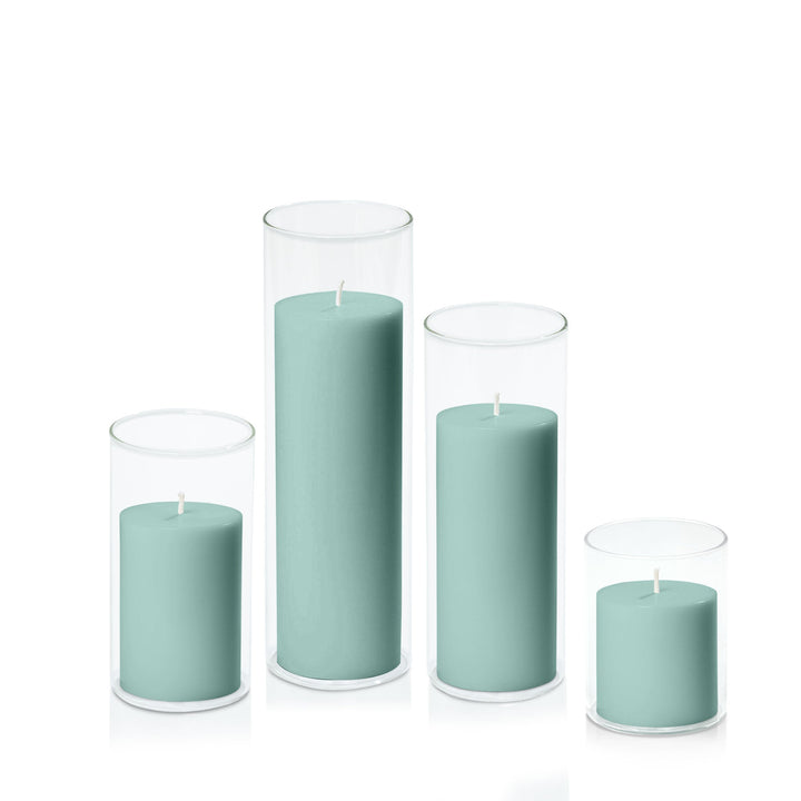 Sage Green 7cm Pillar in 8cm Glass, Sm - Set of 6