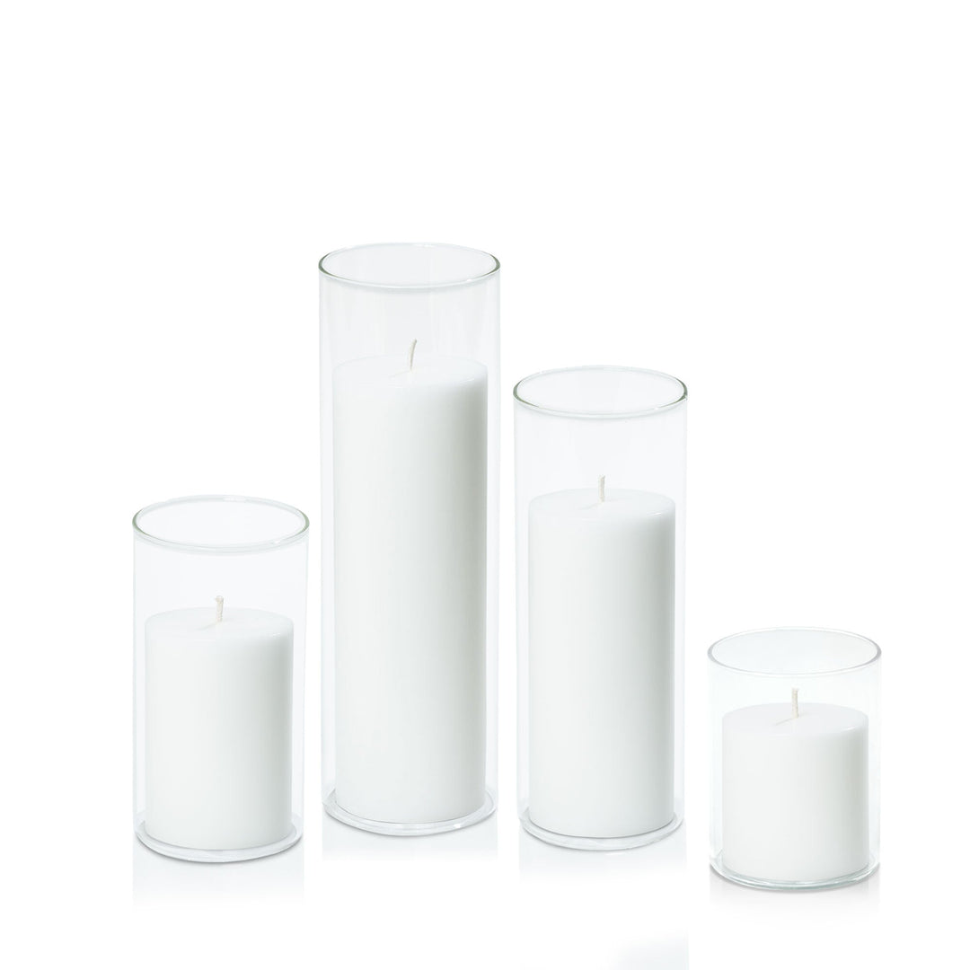 White 7cm Pillar in 8cm Glass, Sm - Set of 6