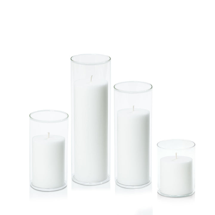 White 7cm Pillar in 8cm Glass, Sm - Set of 6