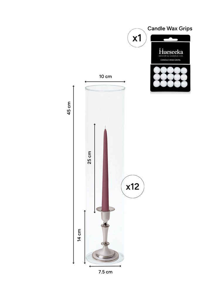 Burgundy 25cm Taper Candles with Medium Antique Silver Eloise Candle Holders and Sleeves - Set of 12 Pack of 12