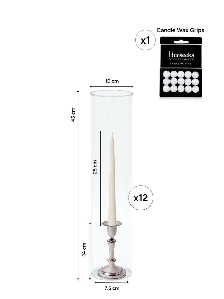 Ivory 25cm Taper Candles with Medium Antique Silver Eloise Candle Holders and Sleeves - Set of 12 Pack of 12