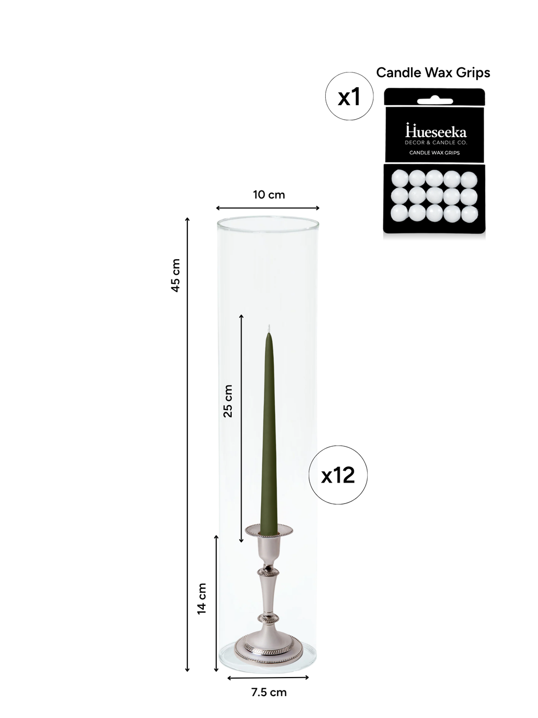 Olive 25cm Taper Candles with Medium Antique Silver Eloise Candle Holders and Sleeves - Set of 12 Pack of 12