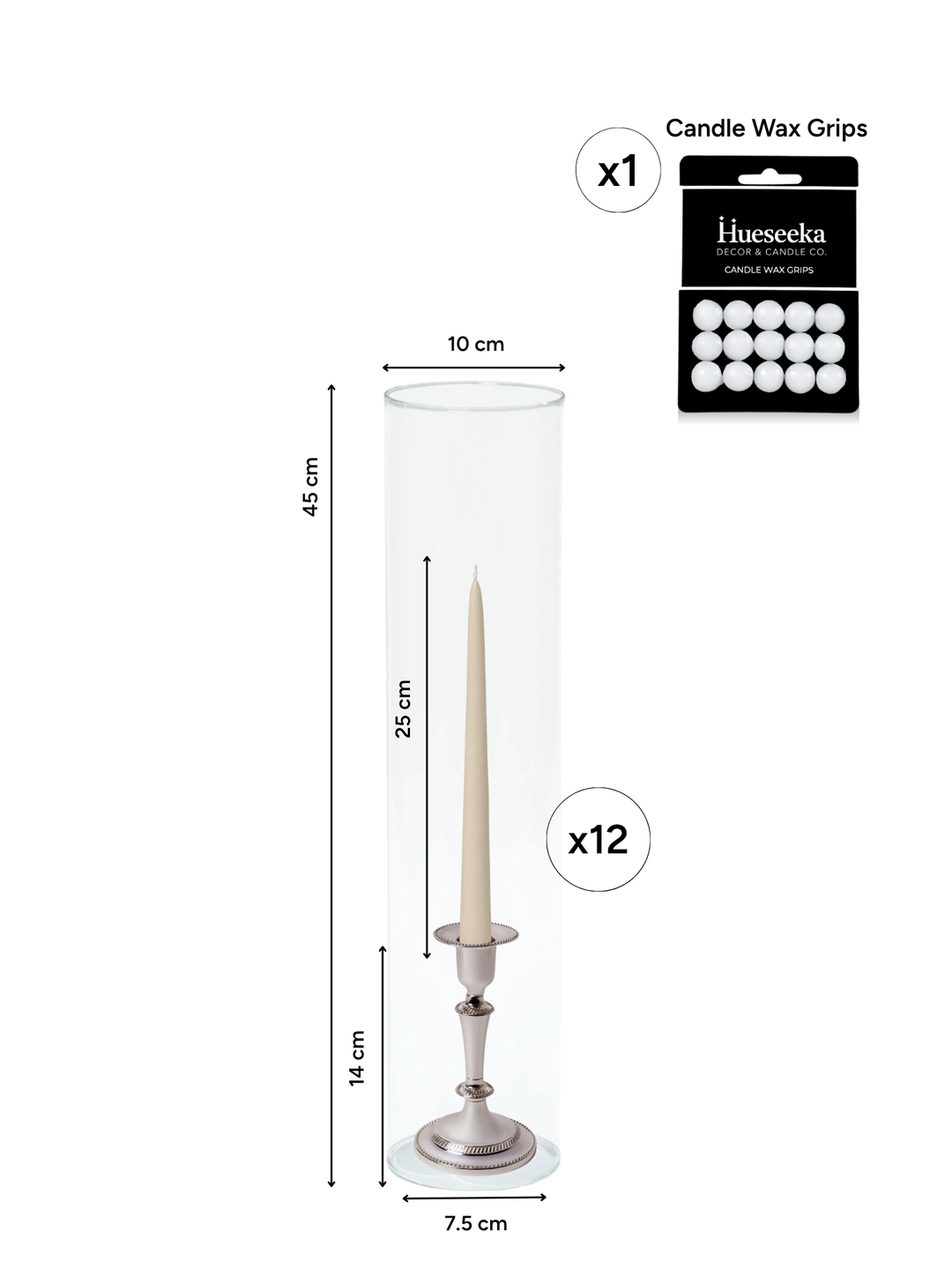 Sandstone 25cm Taper Candles with Medium Antique Silver Eloise Candle Holders and Sleeves - Set of 12 Pack of 12