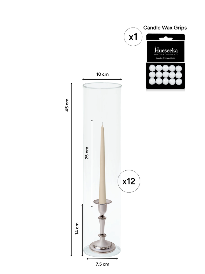 Sandstone 25cm Taper Candles with Medium Antique Silver Eloise Candle Holders and Sleeves - Set of 12 Pack of 12
