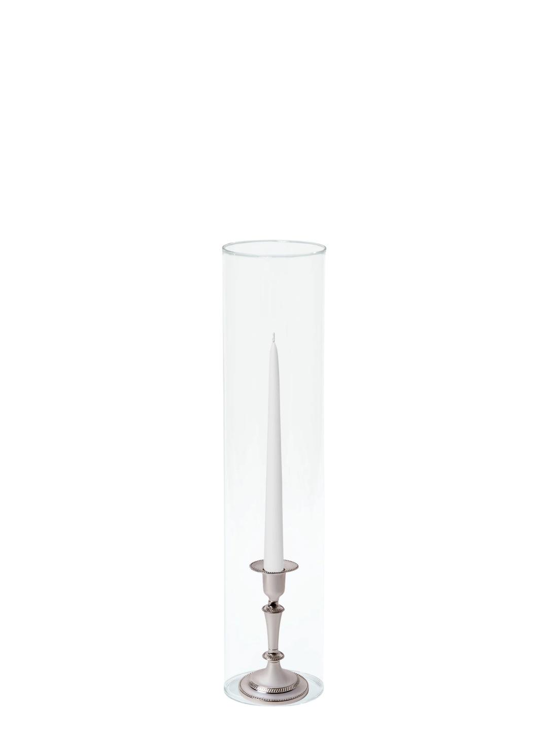 White 25cm Taper Candles with Medium Antique Silver Eloise Candle Holders and Sleeves - Set of 12 Pack of 12