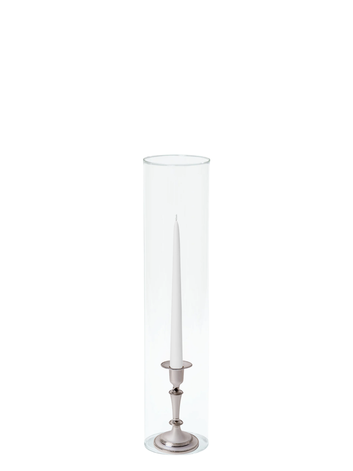 White 25cm Taper Candles with Medium Antique Silver Eloise Candle Holders and Sleeves - Set of 12 Pack of 12