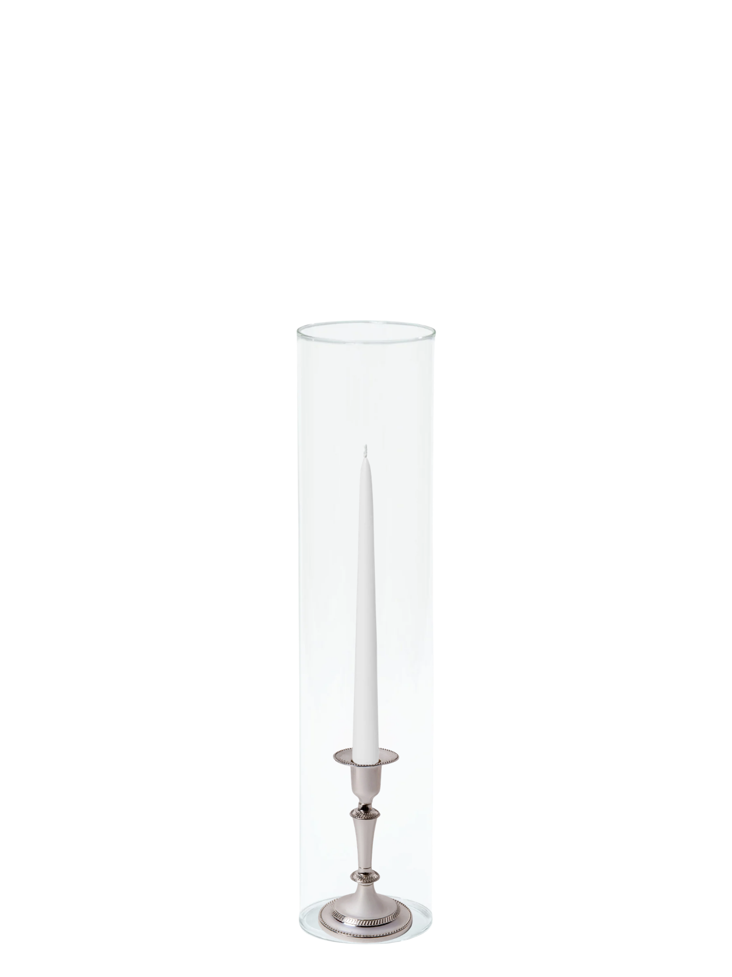 White 25cm Taper Candles with Medium Antique Silver Eloise Candle Holders and Sleeves - Set of 12 Pack of 12
