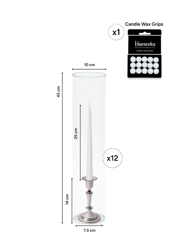 White 25cm Taper Candles with Medium Antique Silver Eloise Candle Holders and Sleeves - Set of 12 Pack of 12