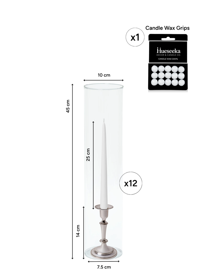 White 25cm Taper Candles with Medium Antique Silver Eloise Candle Holders and Sleeves - Set of 12 Pack of 12