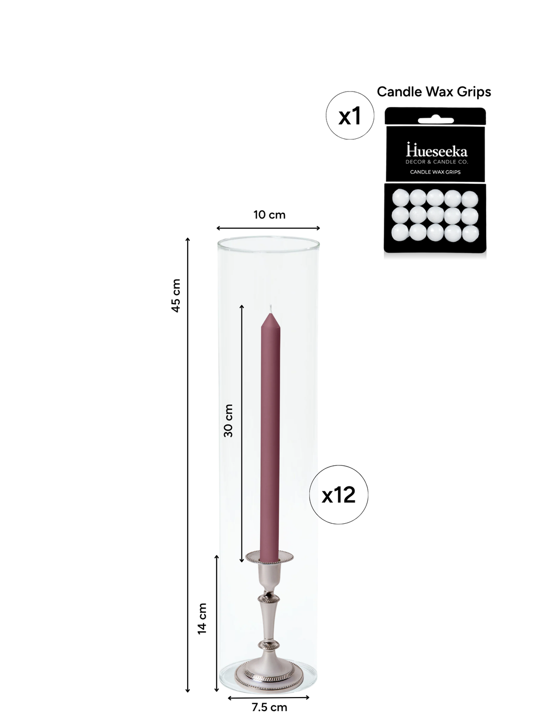Burgundy 30cm Dinner Candles with Medium Antique Silver Eloise Candle Holders and Sleeves - Set of 12 Pack of 12