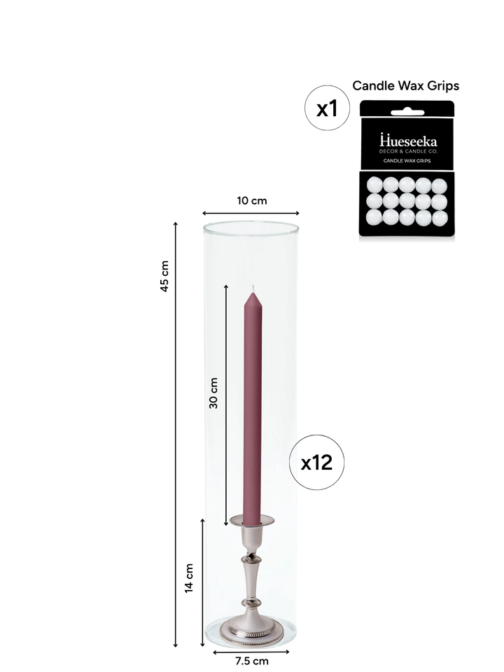 Burgundy 30cm Dinner Candles with Medium Antique Silver Eloise Candle Holders and Sleeves - Set of 12 Pack of 12
