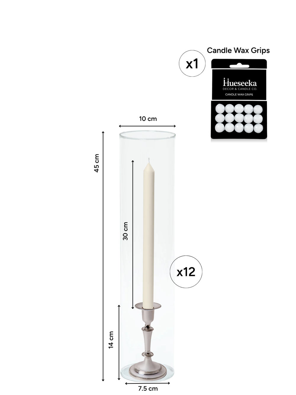 Ivory 30cm Dinner Candles with Medium Antique Silver Eloise Candle Holders and Sleeves - Set of 12 Pack of 12