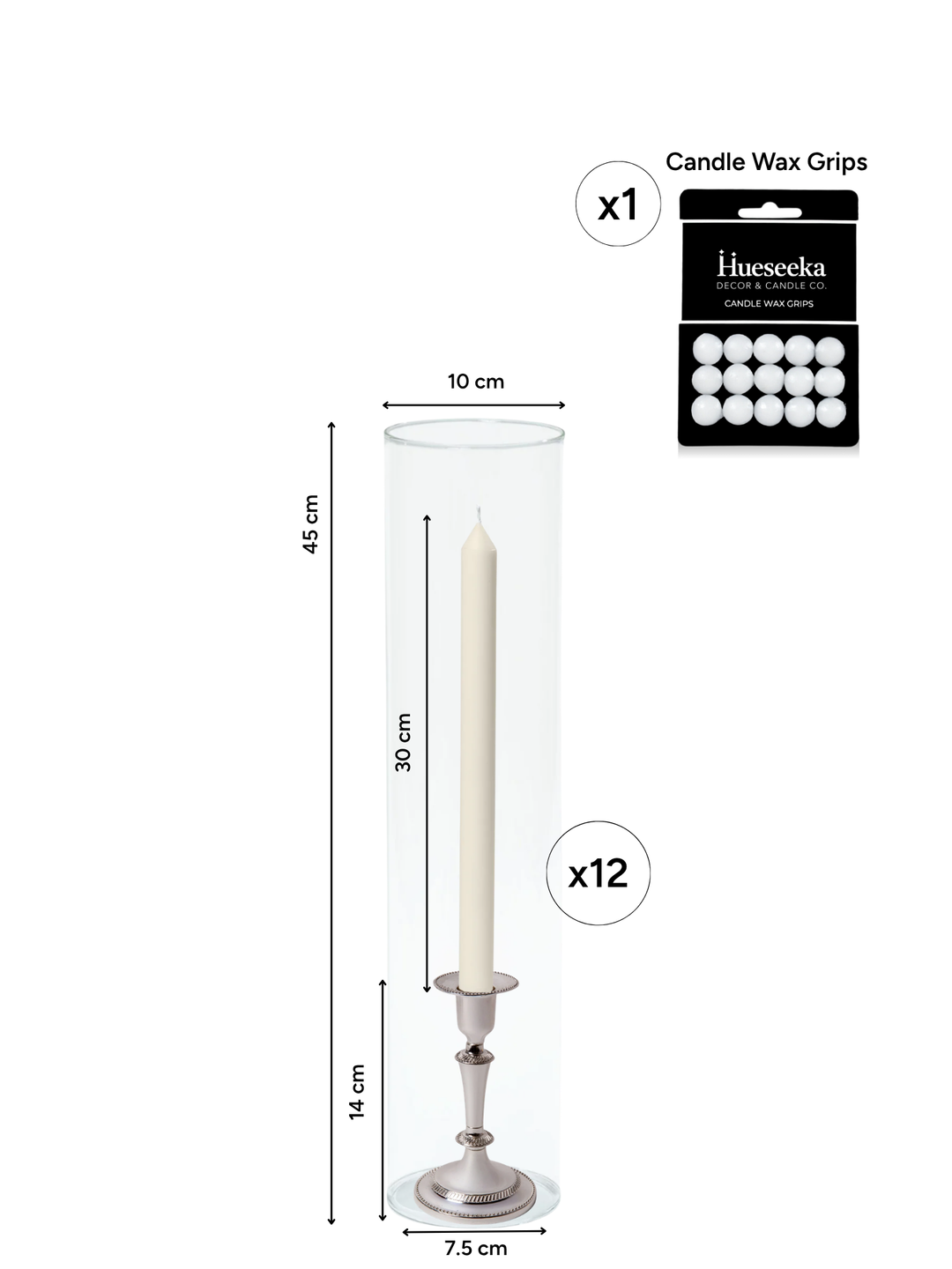 Ivory 30cm Dinner Candles with Medium Antique Silver Eloise Candle Holders and Sleeves - Set of 12 Pack of 12