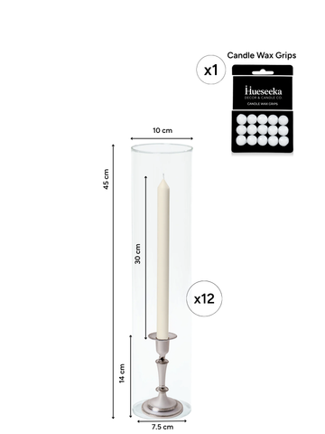 Ivory 30cm Dinner Candles with Medium Antique Silver Eloise Candle Holders and Sleeves - Set of 12 Pack of 12