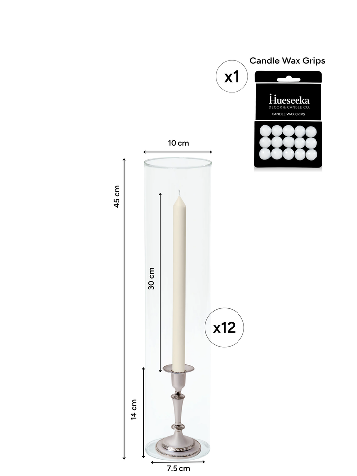 Ivory 30cm Dinner Candles with Medium Antique Silver Eloise Candle Holders and Sleeves - Set of 12 Pack of 12