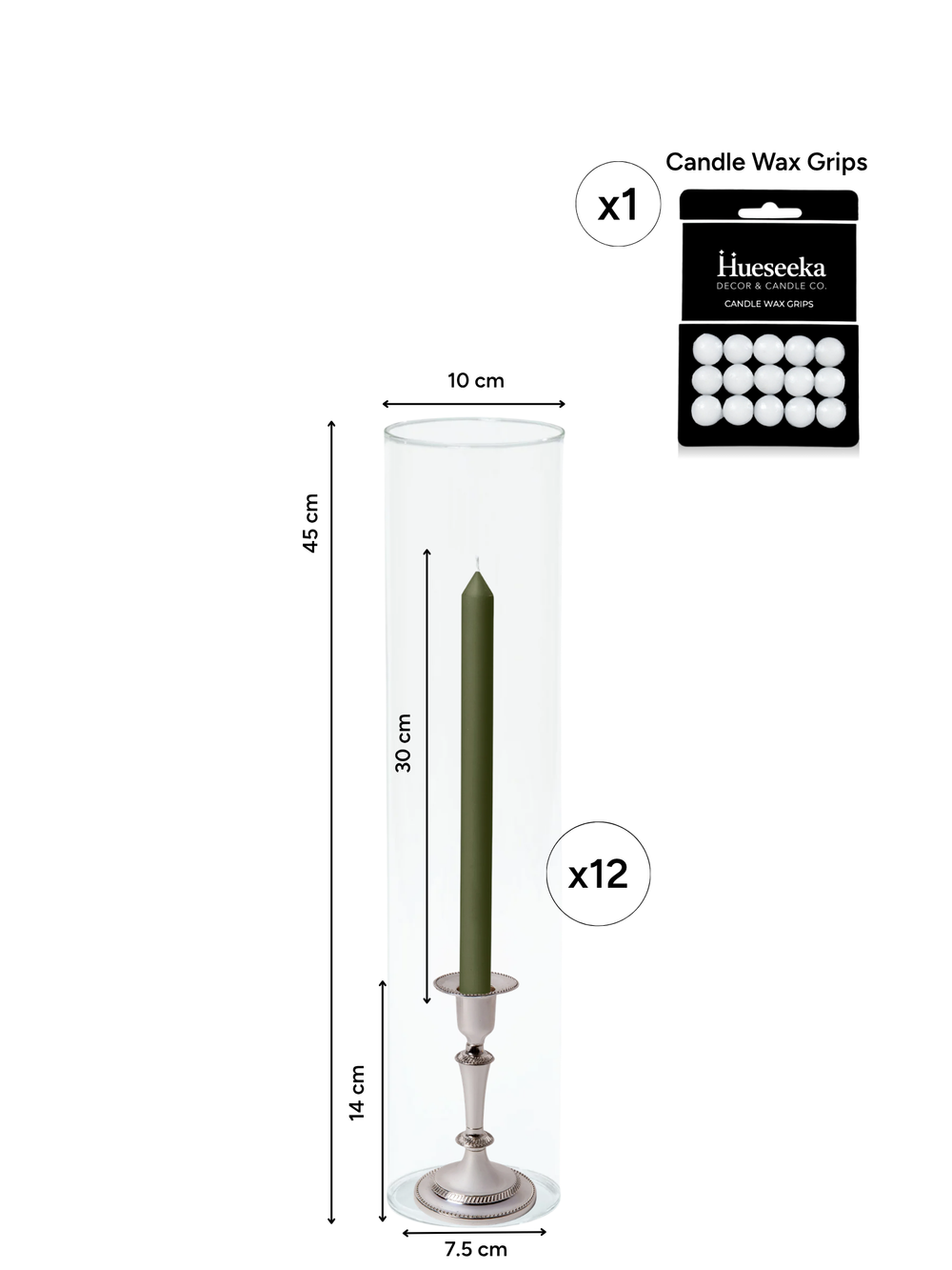 Olive 30cm Dinner Candles with Medium Antique Silver Eloise Candle Holders and Sleeves - Set of 12 Pack of 12