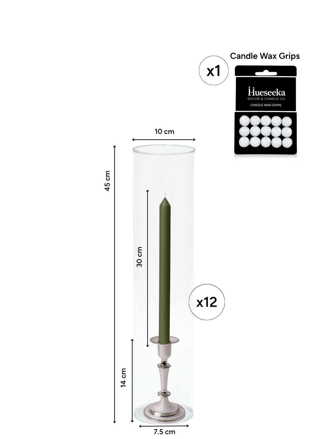 Olive 30cm Dinner Candles with Medium Antique Silver Eloise Candle Holders and Sleeves - Set of 12 Pack of 12