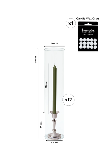 Olive 30cm Dinner Candles with Medium Antique Silver Eloise Candle Holders and Sleeves - Set of 12 Pack of 12