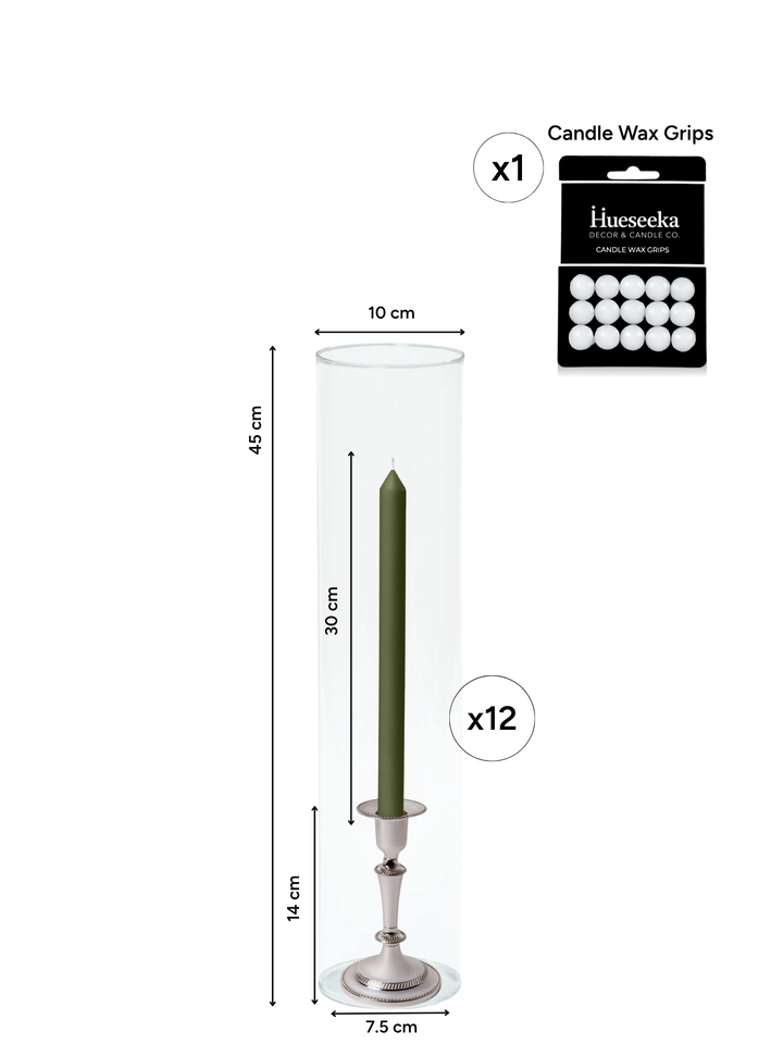 Olive 30cm Dinner Candles with Medium Antique Silver Eloise Candle Holders and Sleeves - Set of 12 Pack of 12