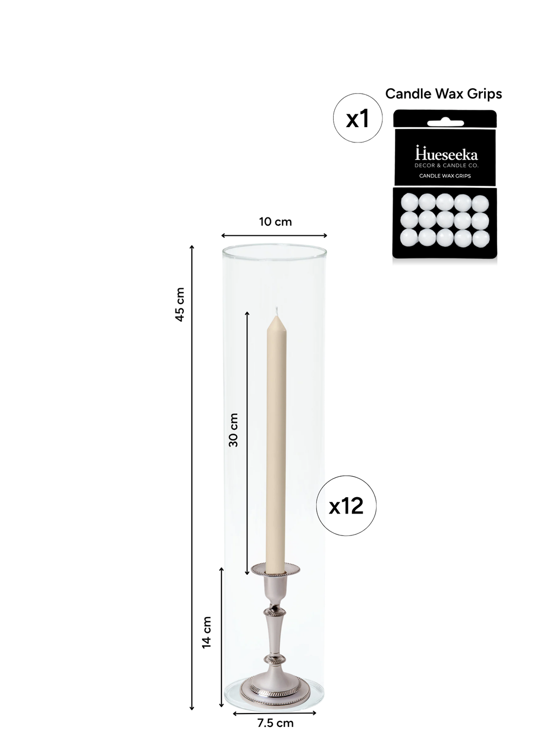 Sandstone 30cm Dinner Candles with Medium Antique Silver Eloise Candle Holders and Sleeves - Set of 12 Pack of 12