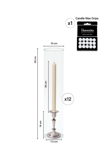 Sandstone 30cm Dinner Candles with Medium Antique Silver Eloise Candle Holders and Sleeves - Set of 12 Pack of 12