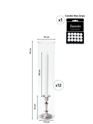 White 30cm Dinner Candles with Medium Antique Silver Eloise Candle Holders and Sleeves - Set of 12 Pack of 12