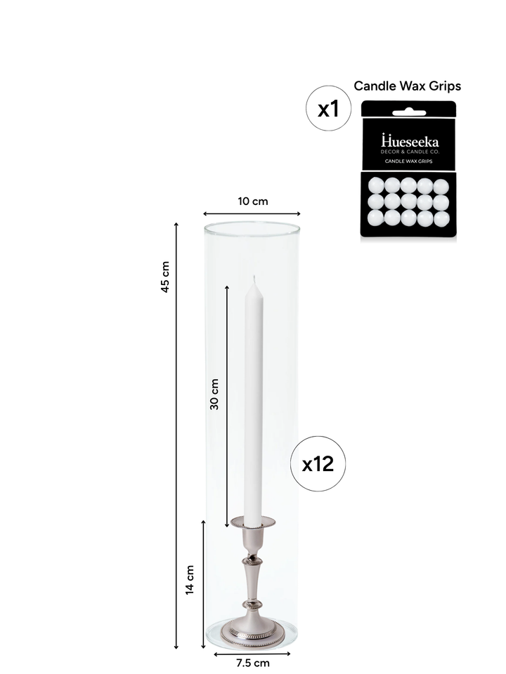 White 30cm Dinner Candles with Medium Antique Silver Eloise Candle Holders and Sleeves - Set of 12 Pack of 12