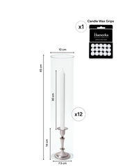 White 30cm Dinner Candles with Medium Antique Silver Eloise Candle Holders and Sleeves - Set of 12 Pack of 12