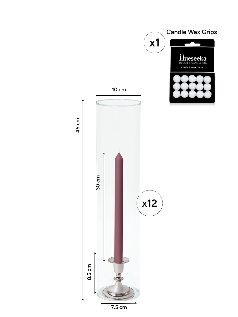 Burgundy 30cm Dinner Candles with Small Antique Silver Eloise Candle Holders and Sleeves - Set of 12 Pack of 12