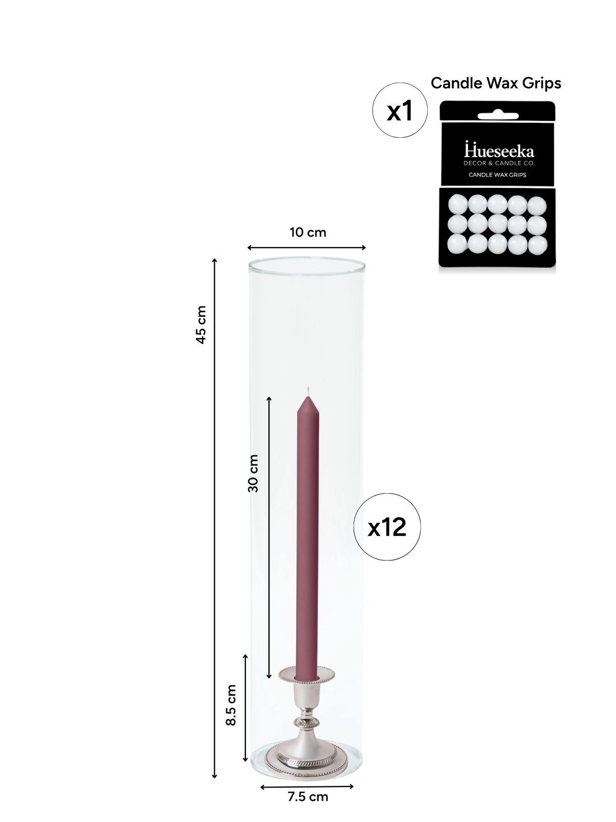 Burgundy 30cm Dinner Candles with Small Antique Silver Eloise Candle Holders and Sleeves - Set of 12 Pack of 12