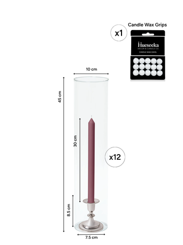 Burgundy 30cm Dinner Candles with Small Antique Silver Eloise Candle Holders and Sleeves - Set of 12 Pack of 12