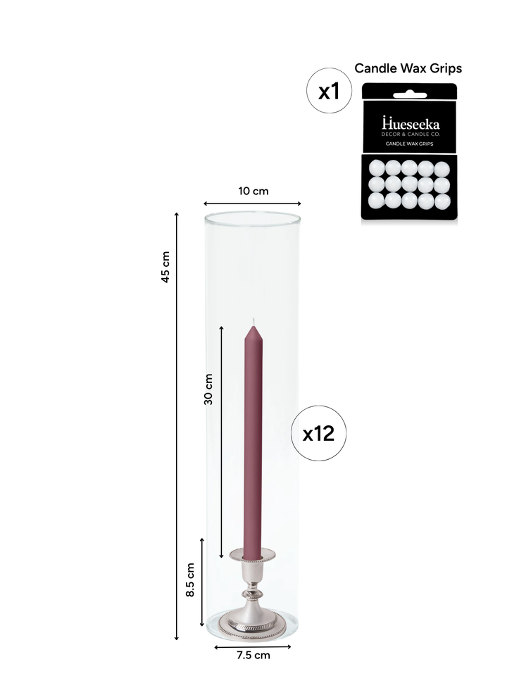 Burgundy 30cm Dinner Candles with Small Antique Silver Eloise Candle Holders and Sleeves - Set of 12 Pack of 12