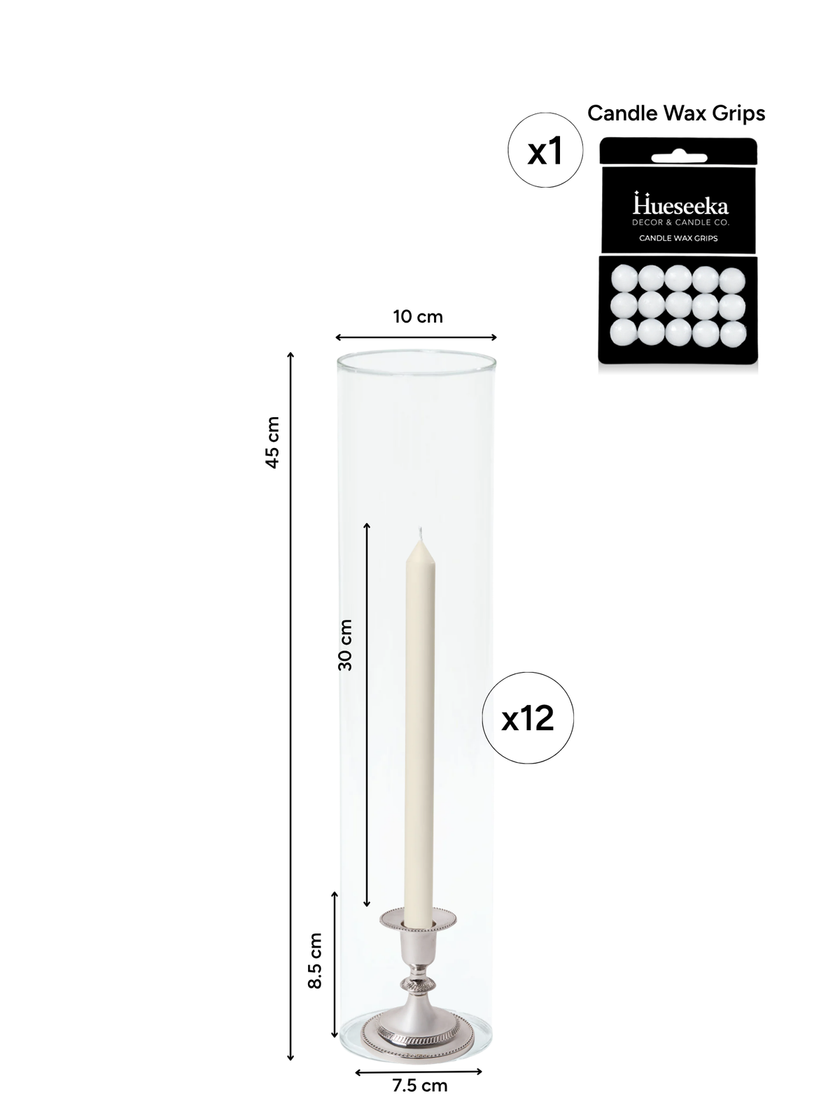 Ivory 30cm Dinner Candles with Small Antique Silver Eloise Candle Holders and Sleeves - Set of 12
