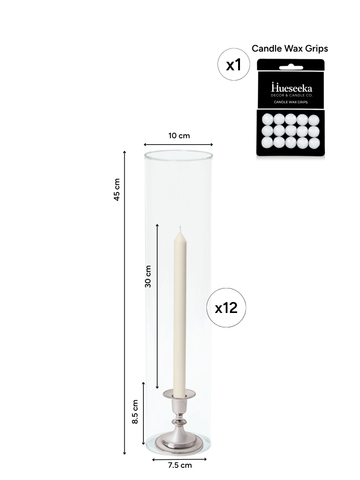 Ivory 30cm Dinner Candles with Small Antique Silver Eloise Candle Holders and Sleeves - Set of 12 Pack of 12